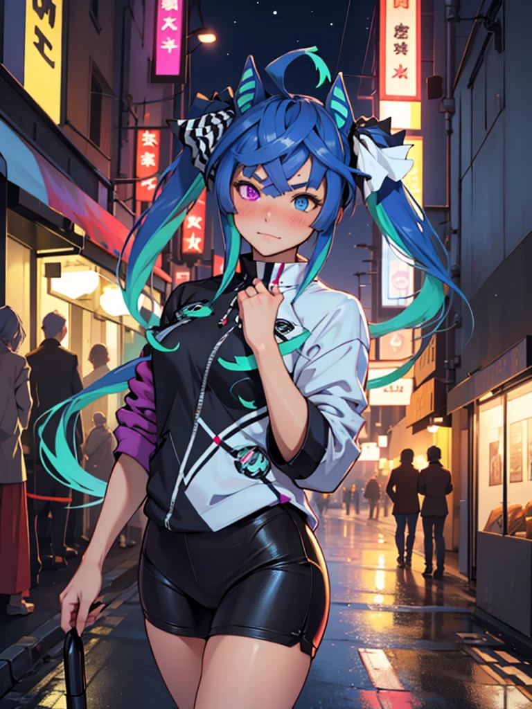 (Masterpiece, best quality, high res、highly detailed cg: 1), A foreign land where the language is not understood, a prostitute inviting with body language, both not understanding each other's words but the intentions are clear, she is using gestures and expressions, street at night, subtle lighting, exotic atmosphere. Twin_Turbo_Umamusume, aqua hair, twintails, heterochromia, purple eyes, blue eyes, small breasts,  Blush, half closed eyes