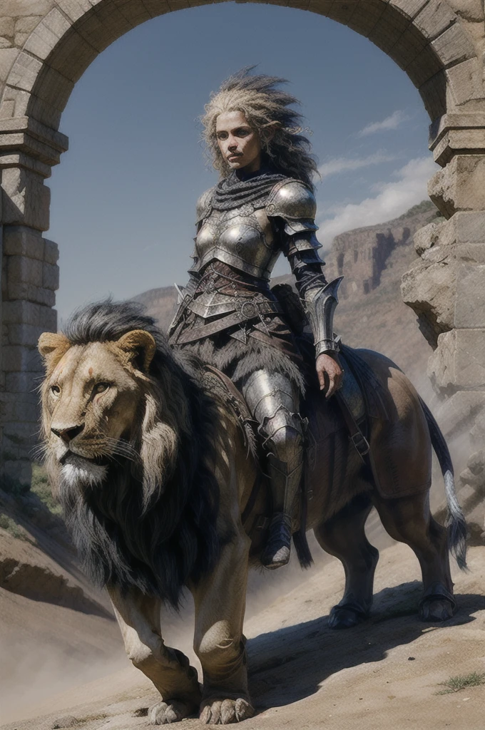 fantasy, a  elf paladin girl riding large long mane lion