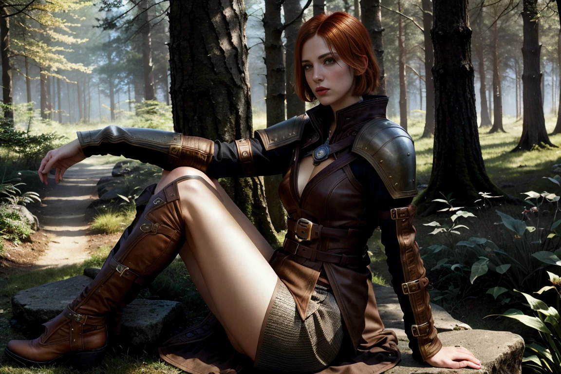 ((masterpiece, Best Quality)), Leliana from Dragon Age, (high detailed leather), legs, (seductive expression:1.2), various poses, fantasy forest background, (HD, 8K Wallpaper, High resolution), cinematic lighting,  intense sunlight, physically based rendering, awarded, extremely detailed skin, Extra detailed face, high detail eyes, Carl Zeiss 85 mm F/1.4, by Ellen von Unwerth