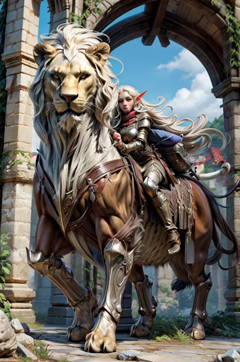 fantasy, a  elf paladin girl riding large long mane lion