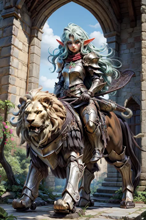 fantasy, a  elf paladin girl riding large long mane lion