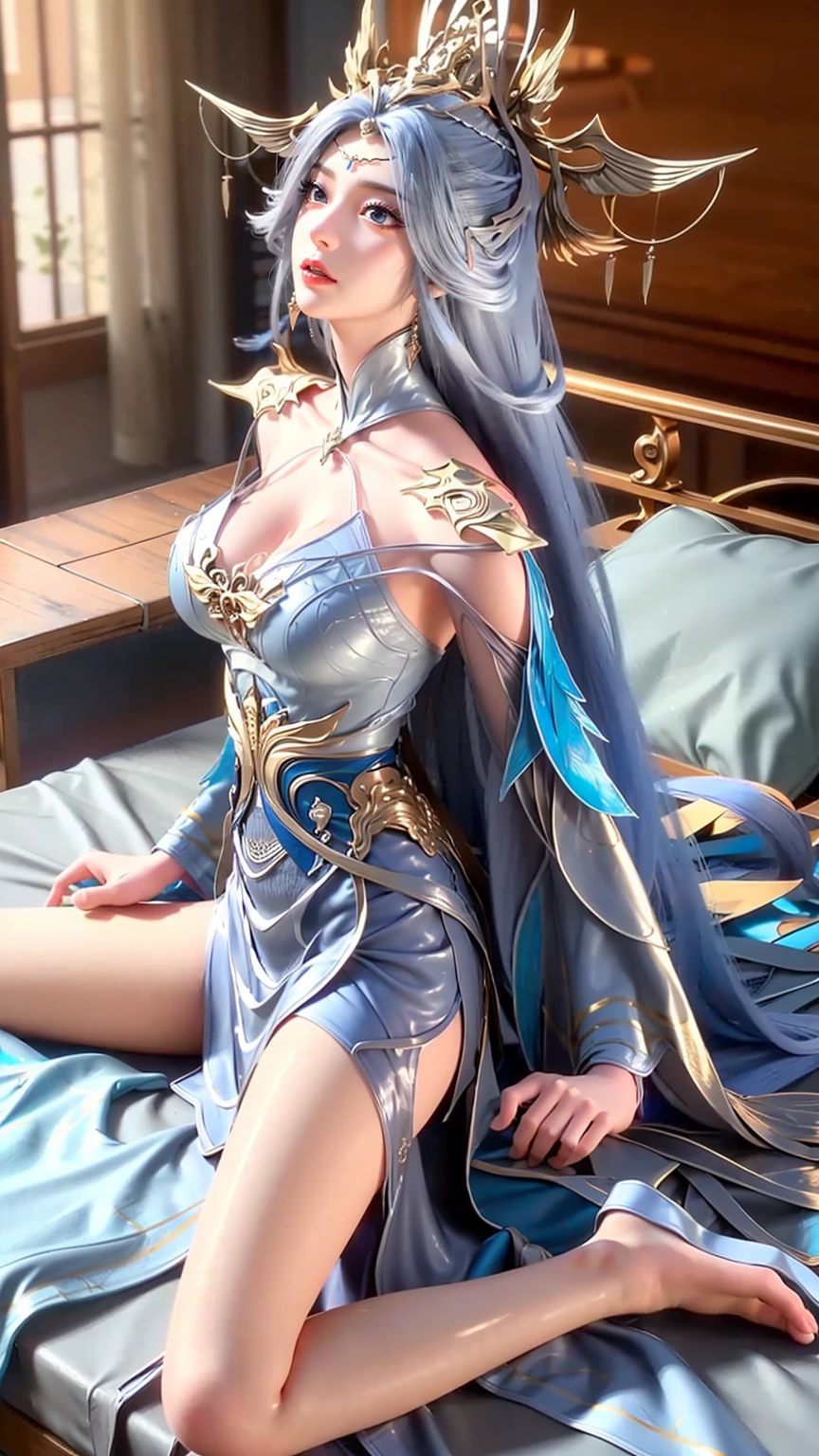 a beautiful girl lying on a bed, wearing a spaghetti strap nightgown, facing up, slightly raising her leg, extremely detailed beautiful busty girl, 16 years old, 8k, 4k, high resolution, full body, lying, long legs, very large breasts, full body capture, lying on a bed, off-shoulder, shoulder length skirt, lying on a bed, head on pillow, lying, head resting on pillow, fully lying on the bed, light blue long hair, blue eyes