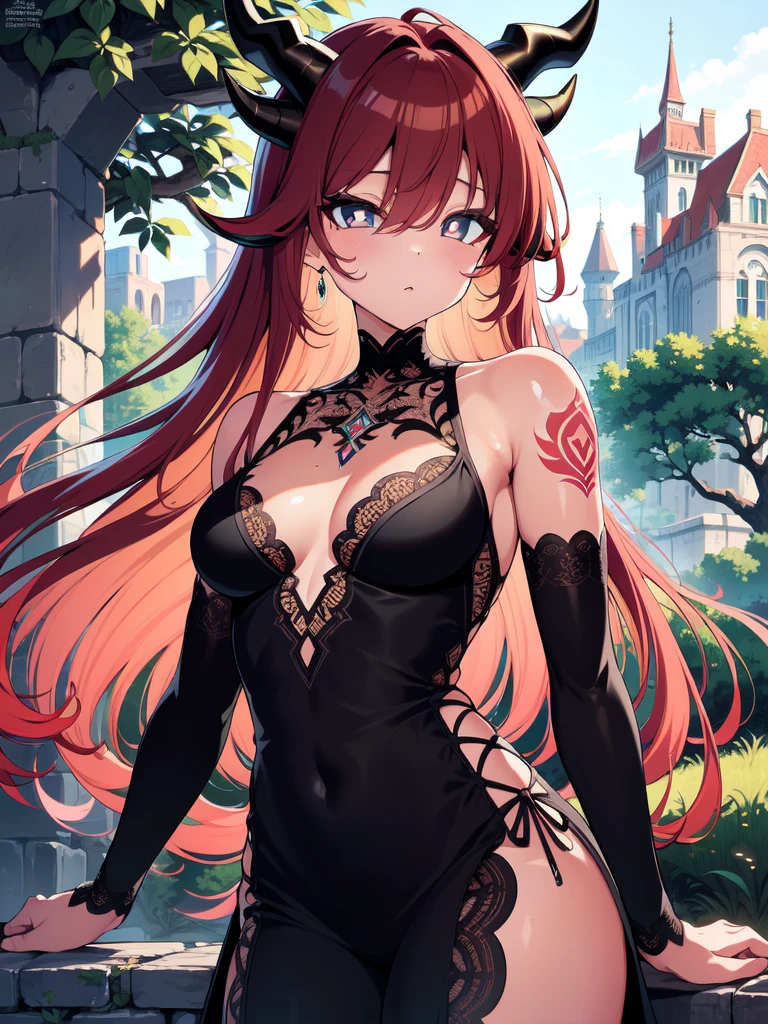 (cowboy shot), colorful, (best quality, ultra-high resolution, depth of field:1.2), (beautiful face), 1woman, (tan skin), (red hair:1.2), streaked hair, curved horns, (different color pupil in eye:1.1), (detailed deep eyes), (small breasts), slight cleavage, wide hips, (detailed fantasy dress with highlights:1.3), lace, black collar, tattoo, (expressionless), (abandoned castle ruins covered by foliage on the background:1.1), ruins