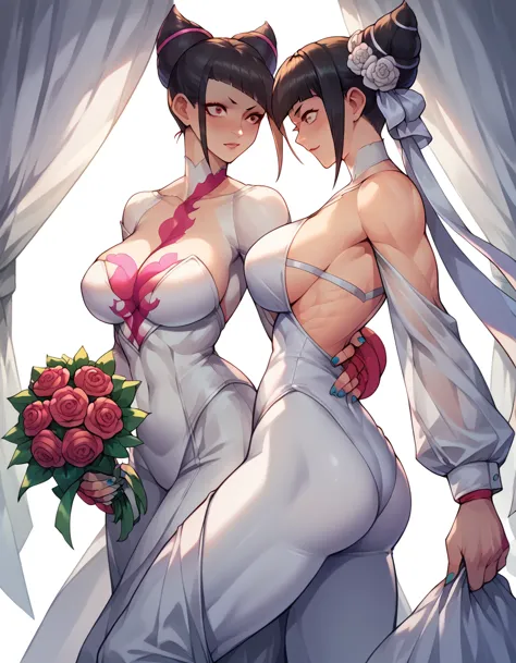 jury han (street fighter) , women, big breasts, small waist, big butt, wedding suit, wedding suit, wedding altar, holding a bouq...