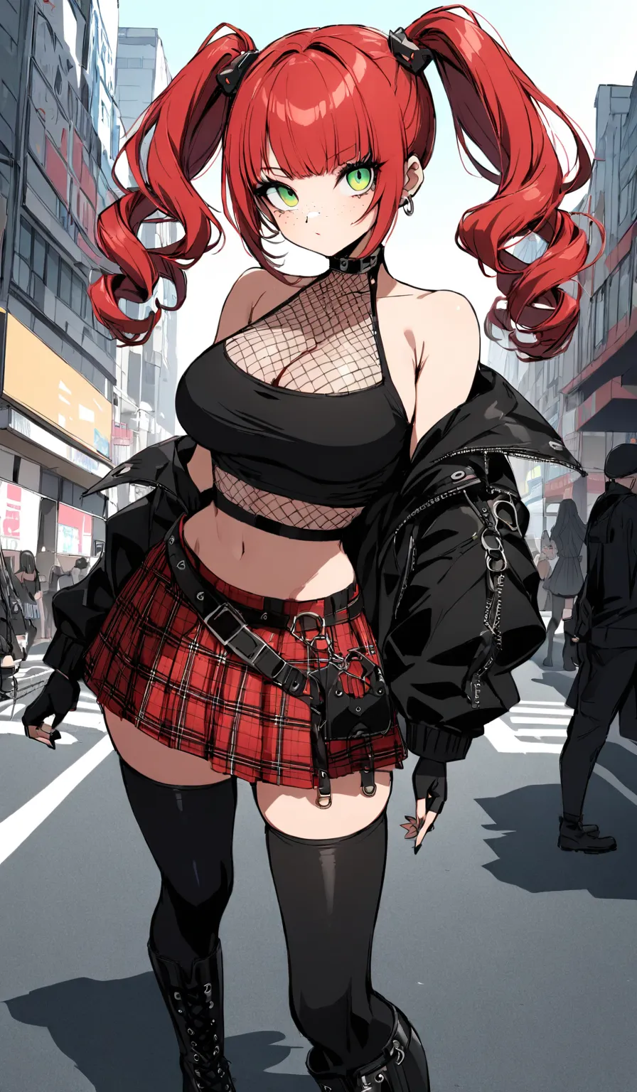 woman, cool, curly red hair in pig tails, green eyes, eye shadow, wearing crop top black shirt, long black jacket, red plaid ski...