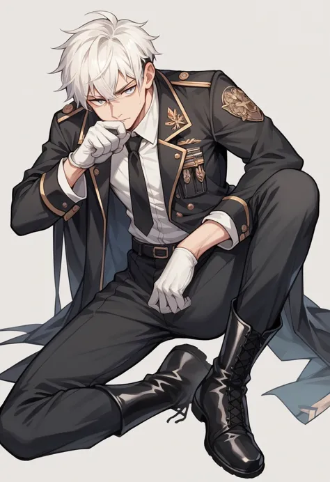 masculine and slim young boy with white hair and short eyes wearing a black military suit with a white shirt inside and a black ...