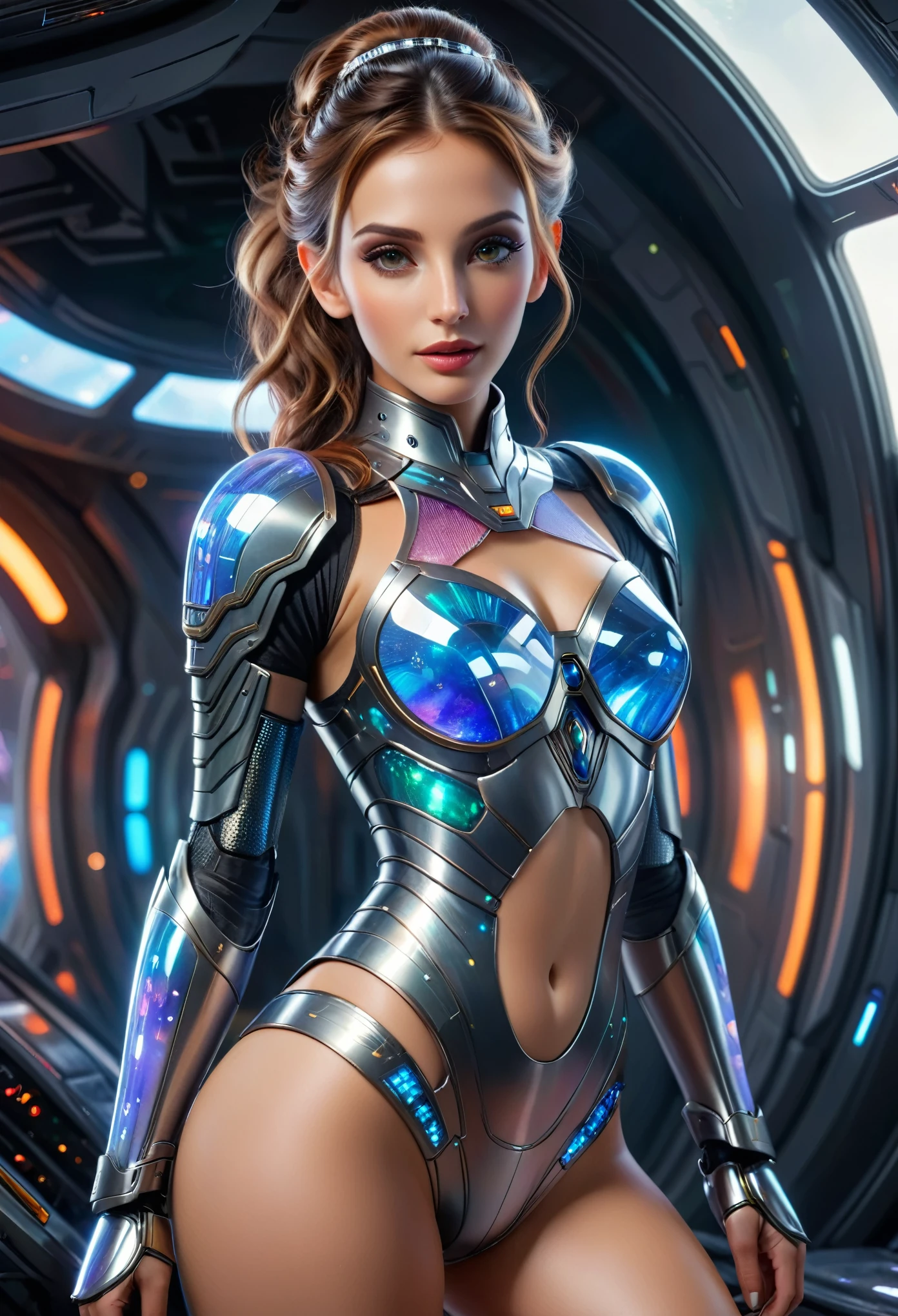 (best quality,4k,highres,masterpiece:1.2),ultra-detailed,(realistic,photorealistic:1.37), 1 extraordinarily beautiful android princess, (sci-fi futuristic transparent armor:1.7), extraordinarily sexy, expressive, seductive face, ral-opal, (whole body:1.2), (full body, standing on a spaceship:1.4), cameltoe, beautiful detailed eyes, beautiful detailed seductive lips, extremely detailed erotic face and eyes, long eyelashes, hkstyle, hair updo, HDR, UHD, studio lighting, ultra-fine painting, sharp focus, physically-based rendering, extreme detail description, professional, vivid colors, bokeh, sci-fi, concept art, hair band, (transparent:1.4) (beautiful long legs, beautiful thighs:1.5), (seductive posing:1.2), (erotic posing:1.2), (Julia Roberts:0.2)