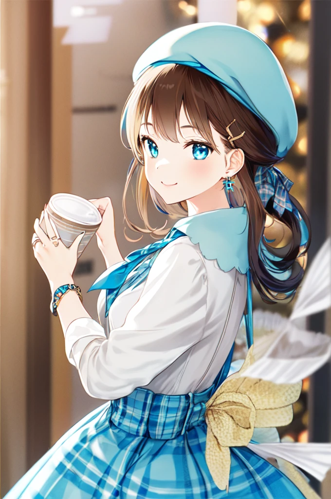 -first love, 1girl, solo, jewelry, plaid dress, looking at viewer, cup, earrings, hat, blue eyes, long hair, coffee cup, plaid, shirt, disposable cup, holding, signature, ring, hair ornament, holding cup, long sleeves, brown hair, upper body, dress, neck ribbon, ribbon, bangs, closed mouth, smile, white shirt, yellow nails, hairclip, nail polish, from side, aqua ribbon, blurry background, beret, plaid shirt, blue ribbon, blurry, brown headwear, bag, breasts, plaid headwear, bracelet