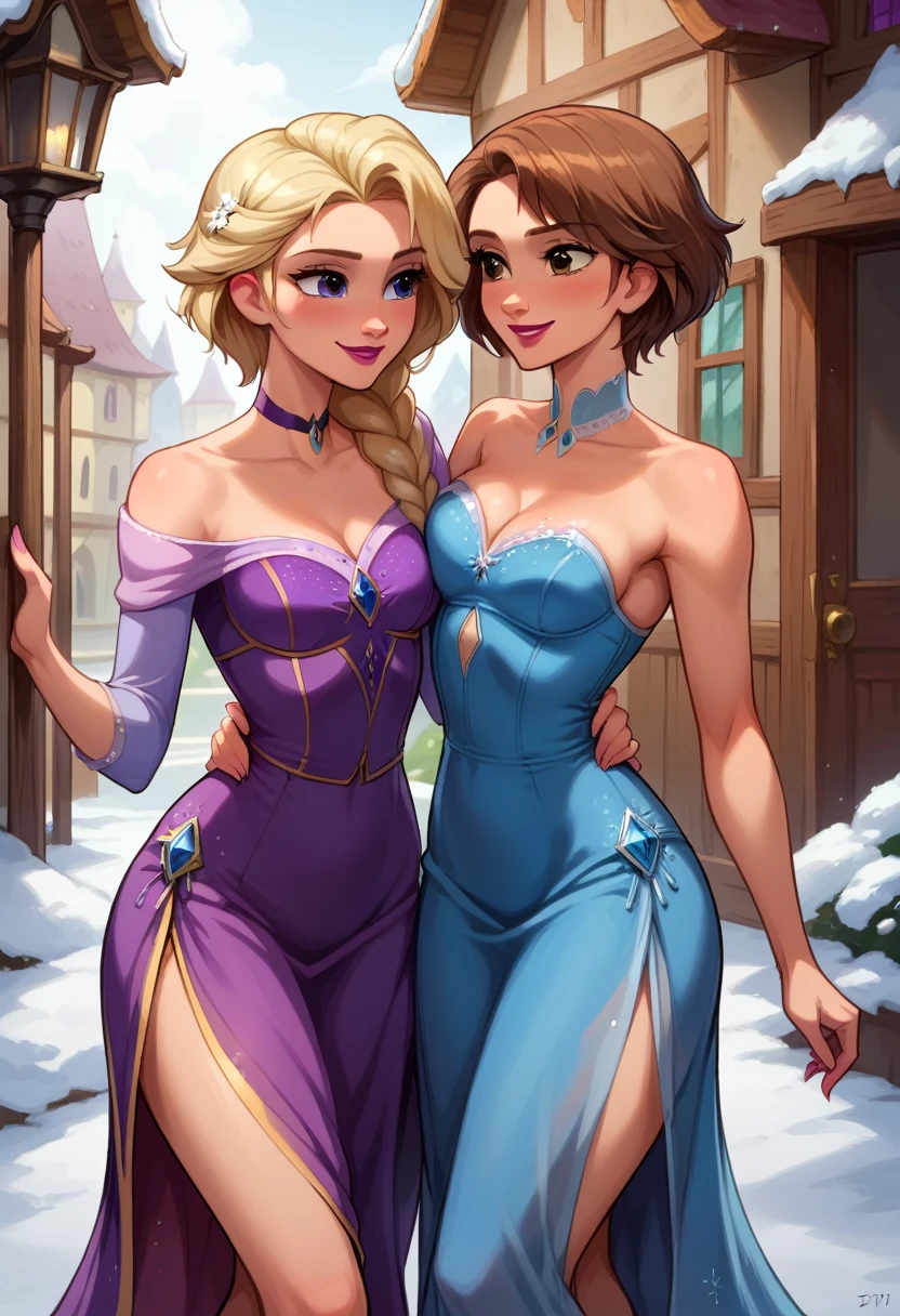 Score_9, score_8_up, score_7_up, rating_safe, source_comic, detailed soft lighting, 2girls, BREAK, Elsa from Frozen, (blonde hair, braid, ice blue dress:1.3), BREAK, Rapunzel from Tangled, (brown hair, short hair, purple dress:1.5), BREAK yuri, girlfriends, on a romantic date, walking through town, smile, beautiful eyes, open eyes, (masterpiece, best quality, highly detailed, beautiful), SFW.