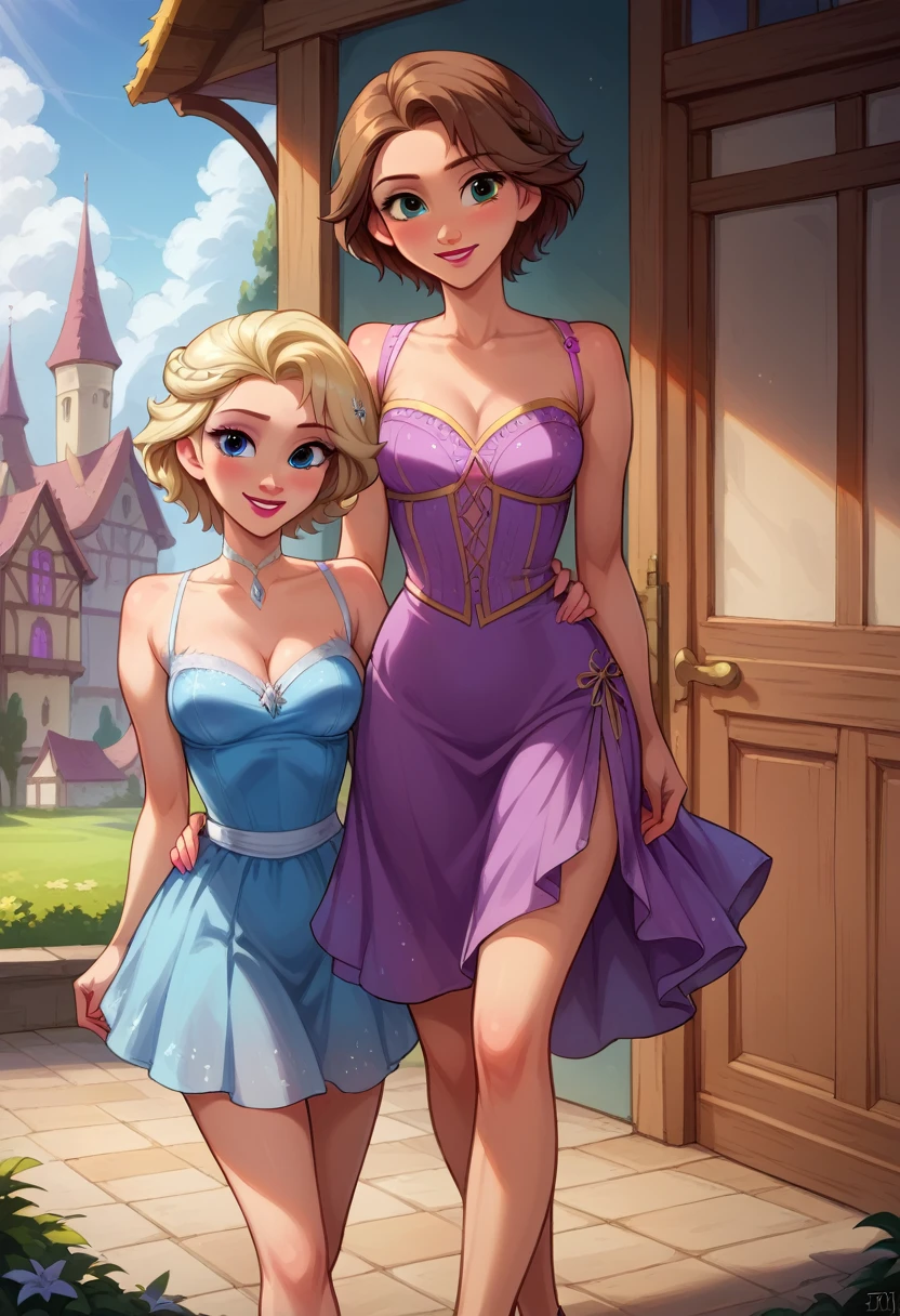 Score_9, score_8_up, score_7_up, rating_safe, source_comic, detailed soft lighting, 2girls, BREAK, Elsa from Frozen, (blonde hair, braid, ice blue dress:1.3), BREAK, Rapunzel from Tangled, (brown hair, short hair, purple dress:1.5), BREAK yuri, girlfriends, on a romantic date, walking through town, smile, beautiful eyes, open eyes, (masterpiece, best quality, highly detailed, beautiful), SFW.