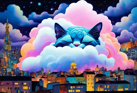 A giant cat made of clouds, curled up asleep on a rooftop, bathed in neon city lights, in the style of Salvador Dali