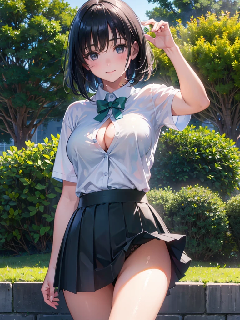 (Highest quality, masterpiece, Ultra-high resolution, (Photorealistic:1.4), RAW Photos),One girl,chool uniform,(wet:1.1), short sleeve, water drops,skirt lift,show off hip,no panties,no bra,(Very short black hair, Amazingly cute face, Very beautiful big black eyes)), Very lean body, Very flat and beautiful Massive Breasts and a beautiful ass,blush,An innocent smile,Showcasing cleavage, legs, stretch legs, hip,(Booty pose), View Viewer, Detailed face, Fine grain, Detailed Hair, Detailed body, Thigh details,