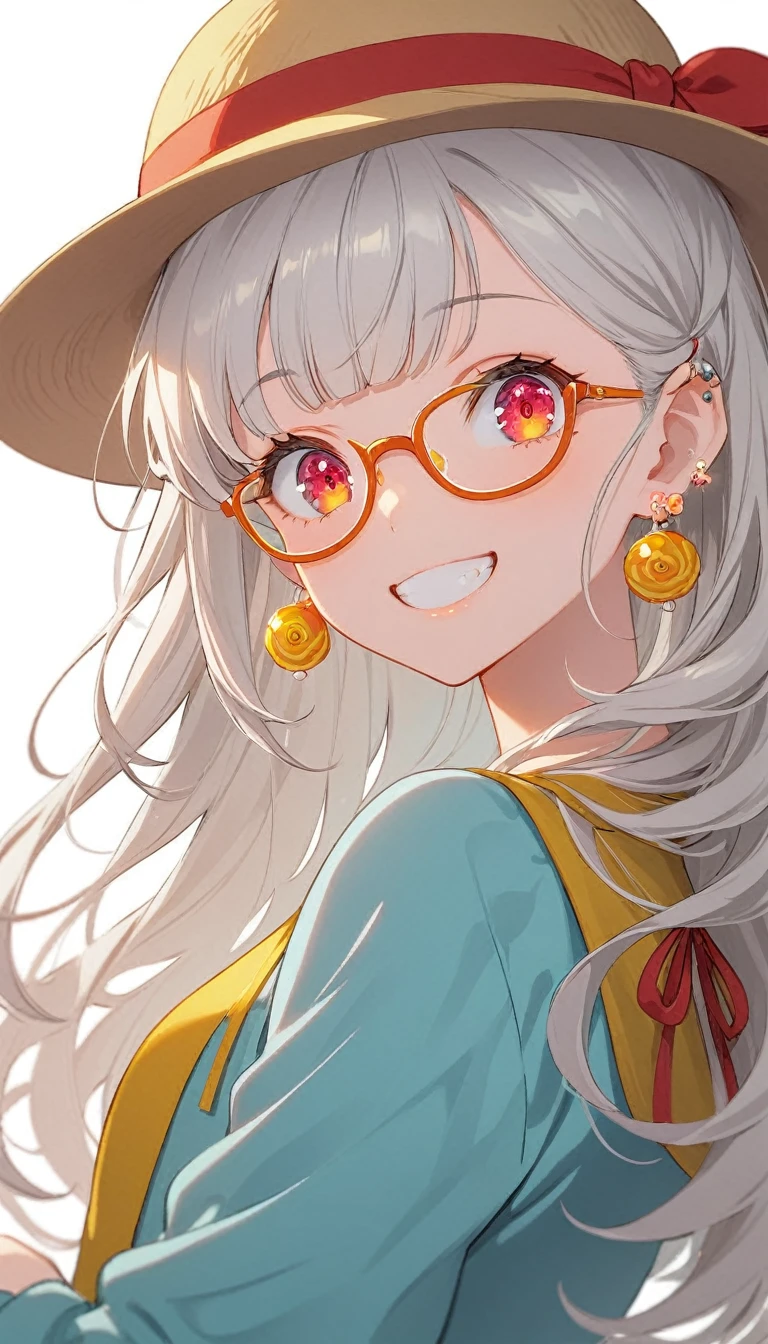 One girl, alone, Long Hair, View your viewers, smile, bangs, ((Blue Jacket)), Red pastel skirt、Red eyes,White hair in the eye、Beautiful eyes that shine、((yellow boater hat with red ribbon))、White Jewelry, Sitting, Jacket, Upper Body, Silver Hair、 earrings, Glasses, teeth, Grin, open Jacket, Earrings, ring, ear Earrings,Colored Glasses, White Background、White background,Umaibo、Candy、Eat sweets