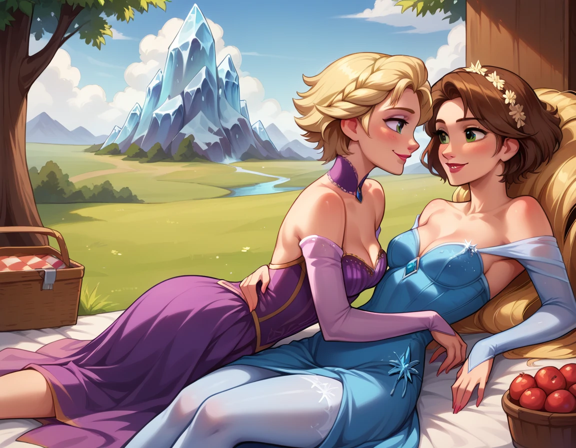 Score_9, score_8_up, score_7_up, rating_safe, source_comic, detailed soft lighting, 2girls, BREAK, Elsa from Frozen, (blonde hair, braid, ice blue dress:1.3), BREAK, Rapunzel from Tangled, (brown hair, short hair, purple dress:1.5), BREAK yuri, girlfriends, on a romantic date, enjoying a picnic, smile, beautiful eyes, open eyes, (masterpiece, best quality, highly detailed, beautiful), SFW.