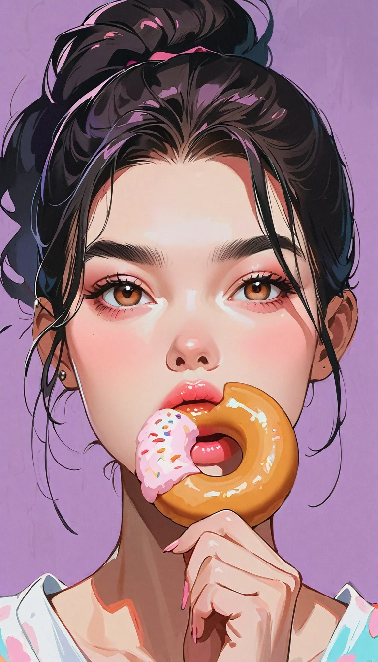 masterpiece、best quality: 1.2)、1 girl、、Anime style、Black Hair、Pink lips、Japanese、Ponytail、Take a bite of a donut、In the style of a leading portrait painter、Purple background。