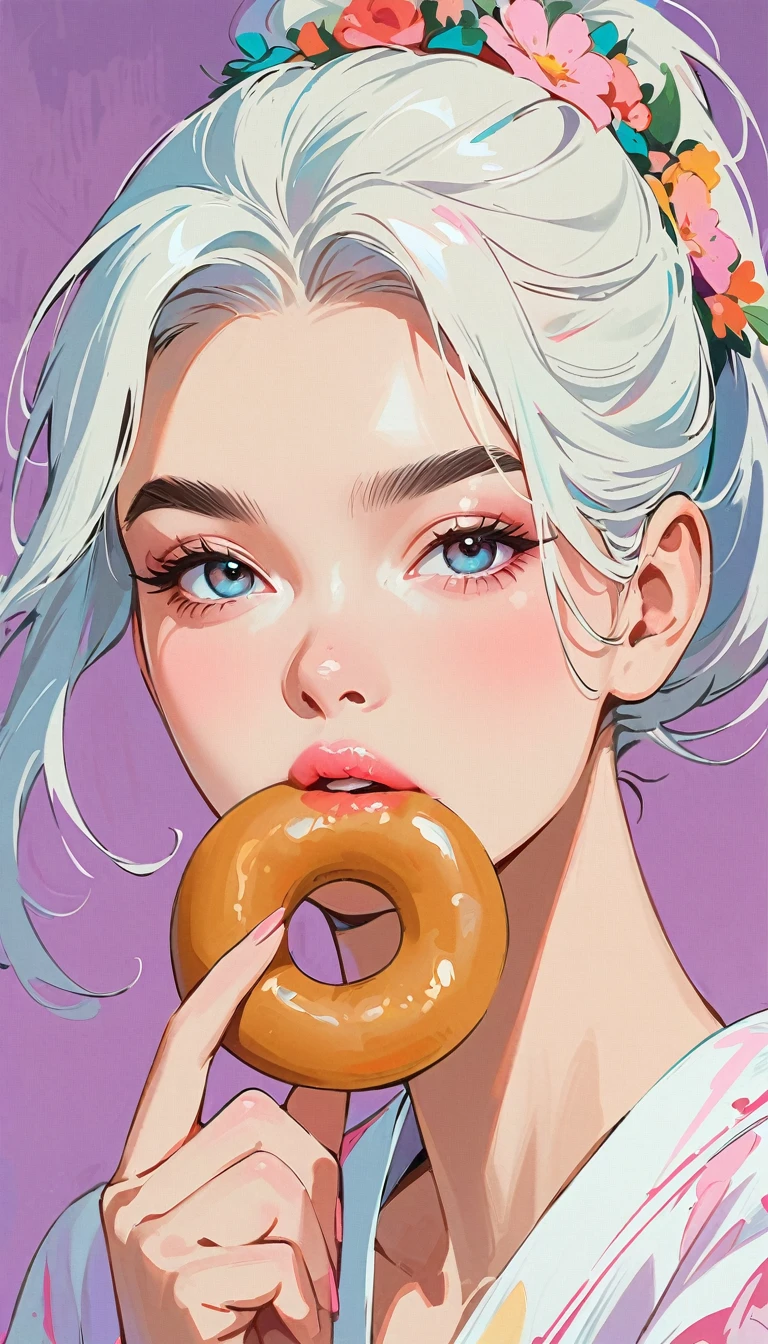 masterpiece、best quality: 1.2)、1 girl、、Anime style、Black Hair、Pink lips、Japanese、Ponytail、Take a bite of a donut、In the style of a leading portrait painter、Purple background。