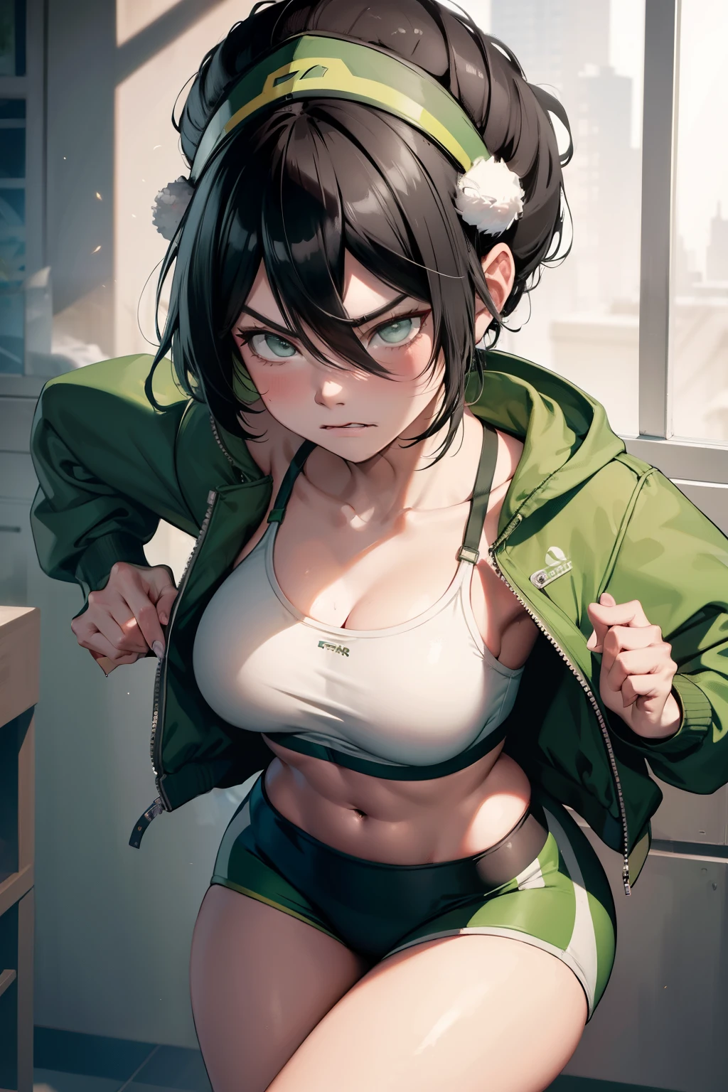 Ultra-detailed,  toph beifong,  adult  , green jacket open , white sport bra , black sexy dolphin shorts  , medium breasts  , gym  . Angry face  ,blush 