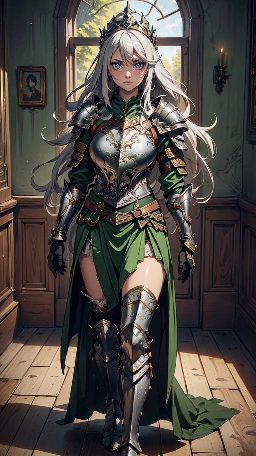 最high quality、Ultra High Definition, Ultra High Quality, Hyper Definition, Hyper Quality, Hyper Detailed, Extremely Detailed, Perfectly Detailed, Best image quality、masterpiece、anime woman((20-year-old、super dynamic pose , Green solid eyes, Silver long Hair, Disheveled Hair、Long White Hair,  Glove、Green Skirt, Fantasy nature type Armor, Smirk, cheerful expression, charismatic, Detailed Cuirass , Dressed in Full Coverage Fantasy Plate Armor, leg armor, wearing diadem)),high quality、Beautiful art、background((Inside the mansion))、Written boundary depth、  movie、Visual Arts、Perfect art、8K,Genuine、