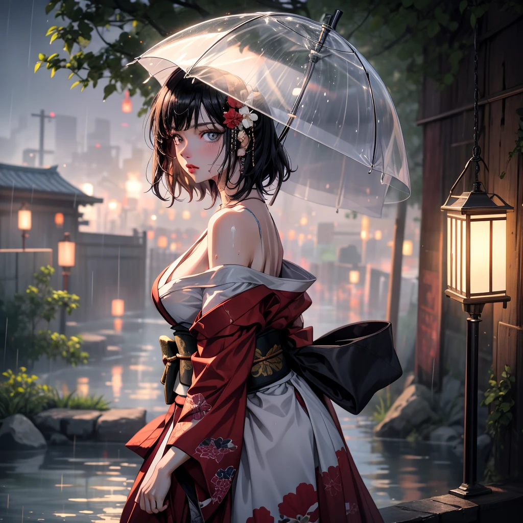 1girl, breasts, moon, lantern, night, solo, large breasts, hair ornament, wet, kimono, japanese clothes, wading, water, hair flower, flower, outdoors, sky, full moon, rain, black hair, off shoulder, mountain, cloud, holding, sash, bare shoulders, paper lantern, standing, white kimono, night sky, sideboob, obi, wet clothes, bangs, tree, from side, reflection, short hair, cloudy sky, wet hair (((masterpiece),(extremely detailed CG unity 8k wallpaper),best quality,,solo,1girl,cinematic lighting,detailed background,beautiful detailed eyes,bright pupils, (an extremely delicate and beautiful),(Beautiful and detailed eye description)， ultra-detailed,masterpiece,)),