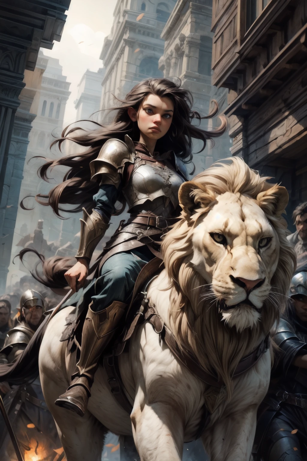 Masterpiece, Best quality, Ultra-detailed, illustration, epic lighting, Cinematic composition. fantasy, a elf paladin girl riding large long mane lion. oil painting