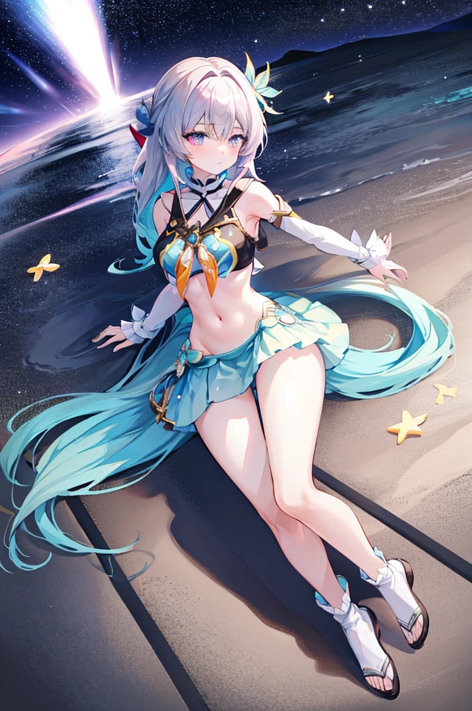 (masterpiece), best quality, long hair, straight hair, anime girl, young, skinny, sexy, beach , ( pink miniskirt), medium thighs, medium , navel, g cup chest, (beautiful face) , seductive , white gloves, upper thighs, bare shoulders , good angle , light blue hair , firefly (honkai star rail), leaning, ponytail, armpits, lying 