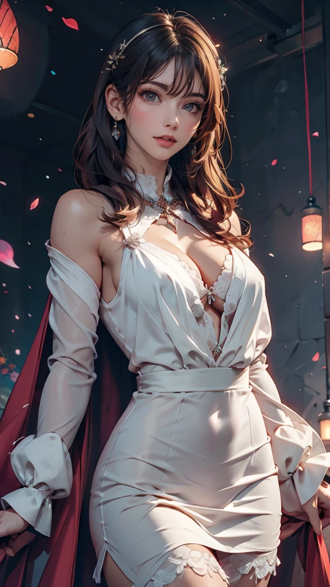 masterpiece, Highest quality, Julia Fe, One girl, alone, Long Hair, View your viewers, blush, smile, Negative Space, (Bioluminescence:1.2), darkness, Dark Background, Long sleeve, dress, Exposing shoulders, Medium chest, very Long Hair, Wide sleeves, Cape, white dress, Circlet、24-year-old female、Sexy proportions、Sexy breasts、Narrow waist、Long eyelashes