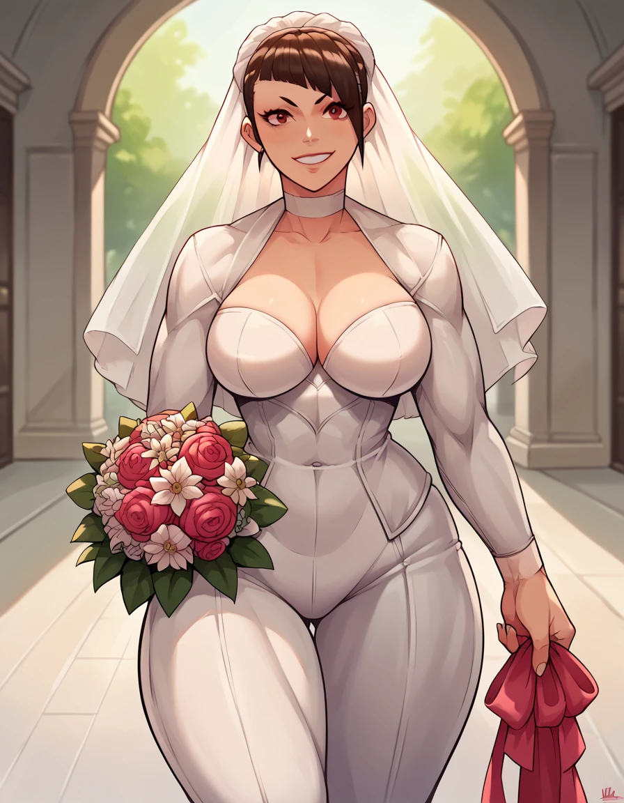 jury han (street fighter) , women, big breasts, small waist, big butt, wedding suit, wedding suit, wedding altar, holding a bouquet of flowers, alone, smiling, walked forward 