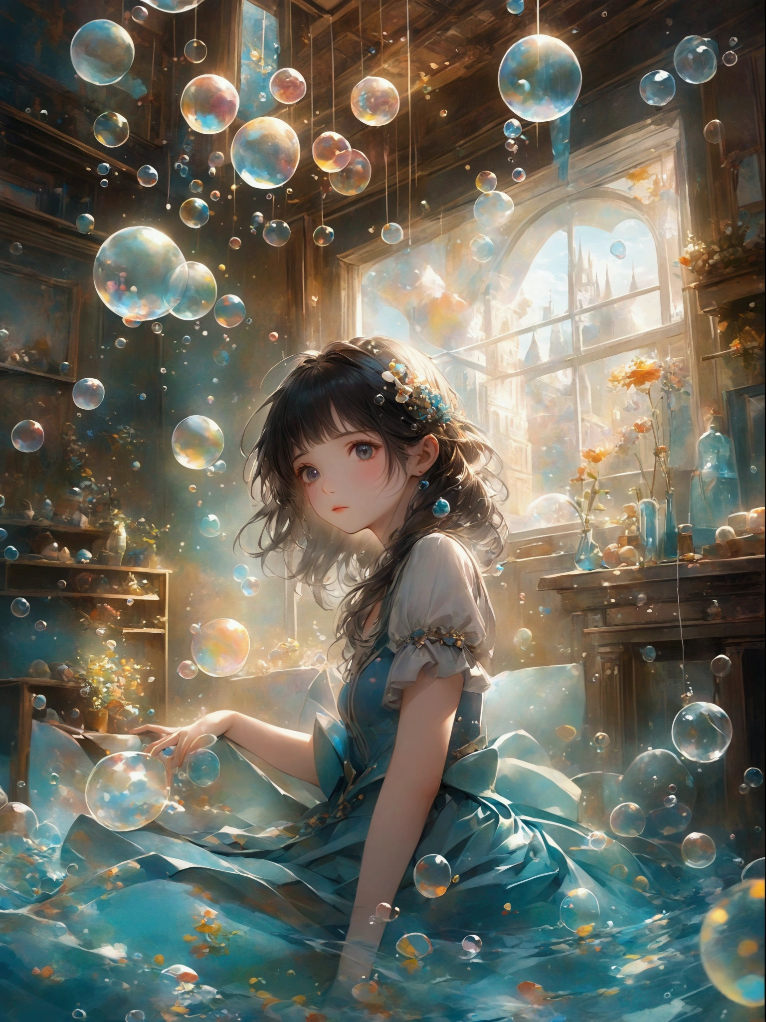 An anime girl in a blue dress、Sitting in a room with bubbles floating around, Anime fantasy illustration, Fantasy art style, artstation pixivでトレンド, Gweiz-style artwork, Beautiful artwork illustration, Anime fantasy artwork, A close-up fantasy using the magic of water, Artgerm Julie Bell Beeple, guweiz on pixiv artstation