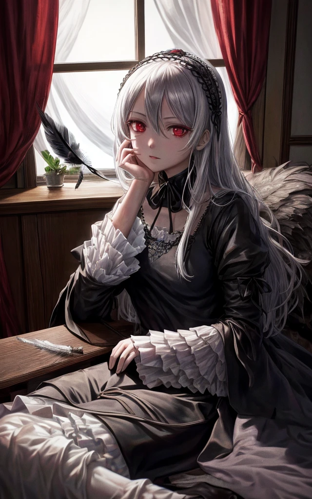 Write a scene featuring Suigintou from *Rose Maiden* sitting by the window. She has silver hair, black feathers, and wears a black dress. Her expression is emotionless, yet her eyes are strikingly beautiful. The room is dark, illuminated by moonlight streaming through the window. The moon is visible outside, casting a gentle glow across the scene.、doll