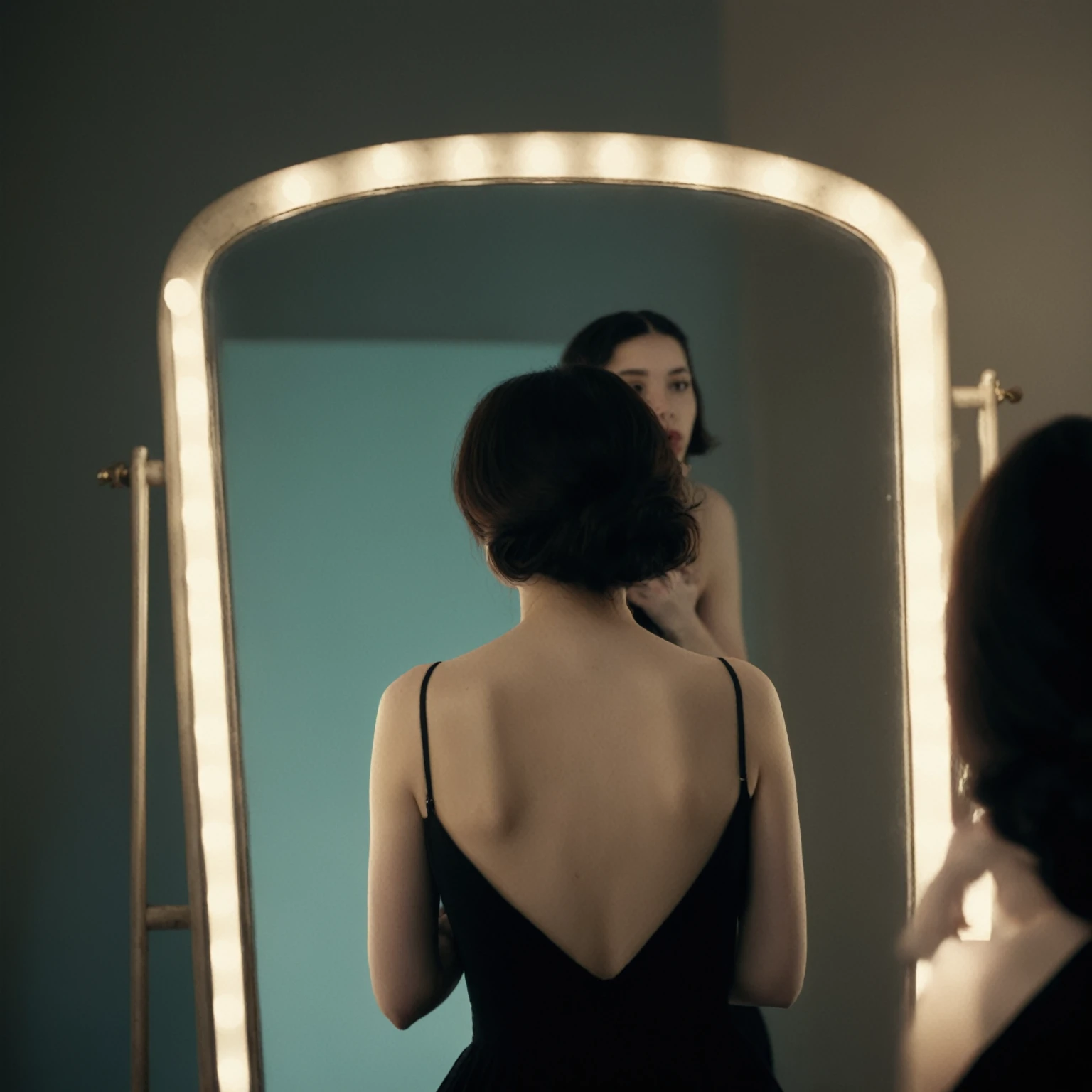 hay una mujer con un vestido negro mirándose en un espejo, Mirando en el espejo, mirando en un espejo, mirando en un espejo, mirando en el espejo, parado frente a un espejo, vista desde detrás del espejo, con un espejo, inspirado en Nan Goldin, por Etienne Delessert, admirando su propio reflejo, inspirado en Elsa Bleda