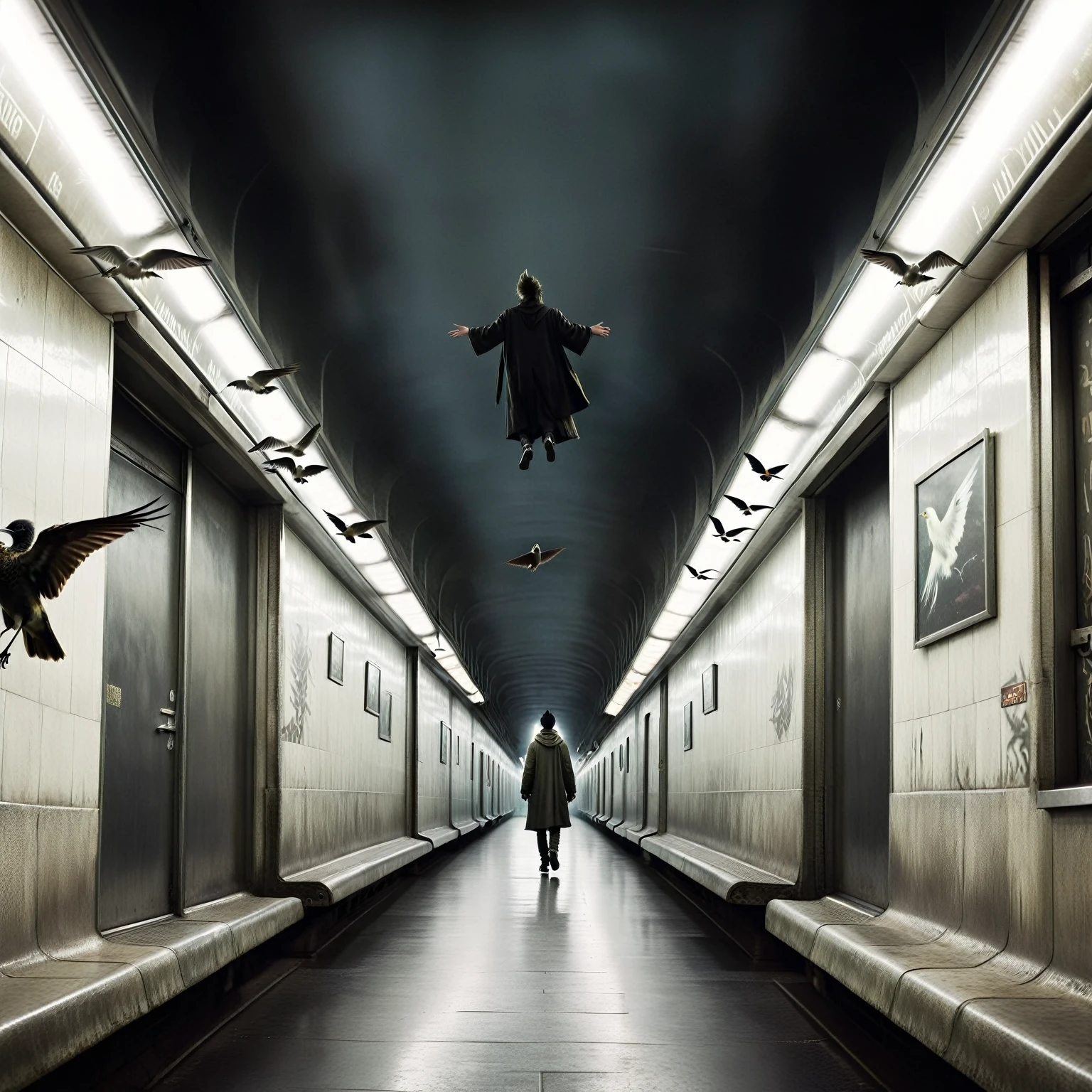 there is a person walking down a long hallway with a bird flying overhead, unsettling creepy liminal space, liminal space hallway, the scary empty liminal spaces, uncanny creepy liminal space, surreal photography, surreal photo, the shaman of the subway, in a subway, stylized urban fantasy artwork, spooky creepy liminal space, in dark corridor