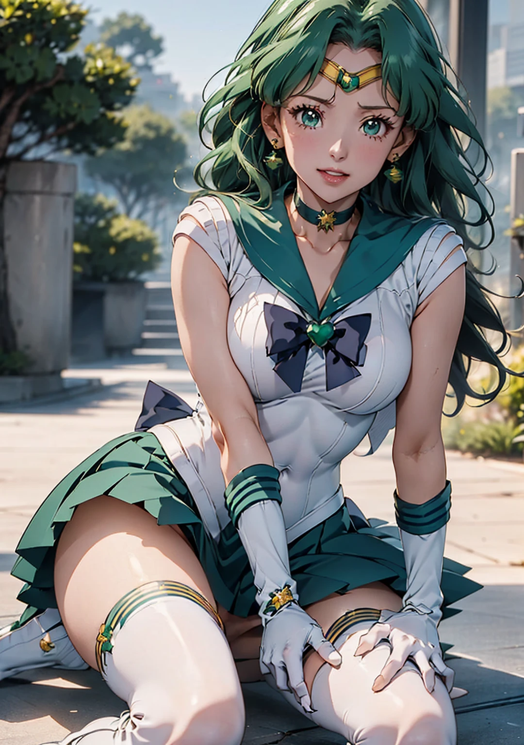 (La Highest quality,High resolution,Very detailed,Actual),Ariana Grande,One Girl, Sailor Neptune, (Sailor Warrior Uniforms:1.4), Dark green hair, Medium Hair, Supplicant Skirt, Earrings, (白いElbow hand pockets:1.4), gem, Center of chest, Dynamic Background, Dynamic posture, High heels,More detailed 8K.Unreal Engine:1.4,超High resolution,La Highest quality:1.4, Realistic:1.4, Skin Texture:1.4, masterpiece:1.8,masterpiece, Highest quality,Object Object], (Detailed facial features:1.3),(Great hands),,(White knee-high boots: 1.4), choker, (White gloves:1.4), choker verde, Elbow hand pockets, gem, Earrings, Green Skirt, Green Hair,(Sailor Neptune:1.4),(Half Body:1.4) ,(Hand Detail:1.4 ), ,( Cyberpunk 2.1),( Beautiful green eyes ), ((Spread your legs:1.5)), ((Spreading pussy:1.5)), From the knee up, Sitting, Raise your knees, Raise your arms above your head, lyingu on bed