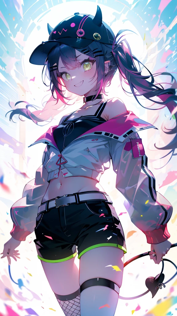 (Ultra-high resolution,masterpiece, Attention to detail, Highest quality), 8k,(aatowa, long hair, twintails, black headwear, baseball cap, fake horns, hairclip, piercing, demon tail, black choker, off shoulder, cropped jacket, white jacket, long sleeves, midriff, belt, black shorts, short shorts, single thighhigh, fishnets),(Blessed,Captivating body、Ultra-detailed skin、Super beautiful eyes、Detailed Background),One girl、 (cheerful ,enjoy :1.5),