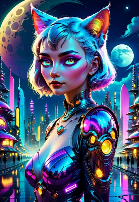 a medium quality digital painting of a beautiful neofuturistic woman, granny cat, same ol’ mistakes, futuristic, fantasy, glowin...