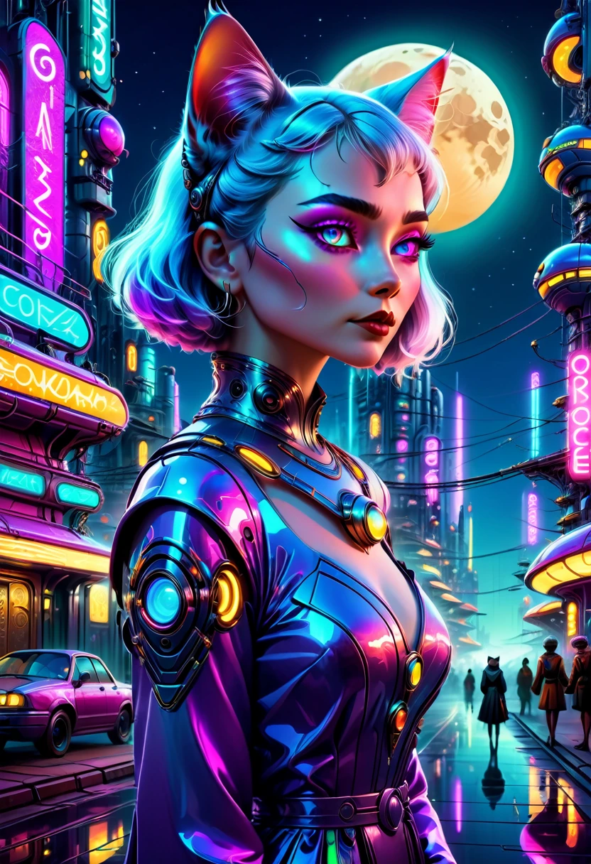 a medium quality digital painting of a beautiful neofuturistic woman, Granny cat, Same Ol’ Mistakes, futuristic, fantasy, glowing, surreal, vibrant colors, creative character design, detailed background, night scenery, cyberpunk, magical realism, high contrast lighting, mysterious atmosphere, neon lights, moon reflections, digital illustration, art nouveau influence, 4k