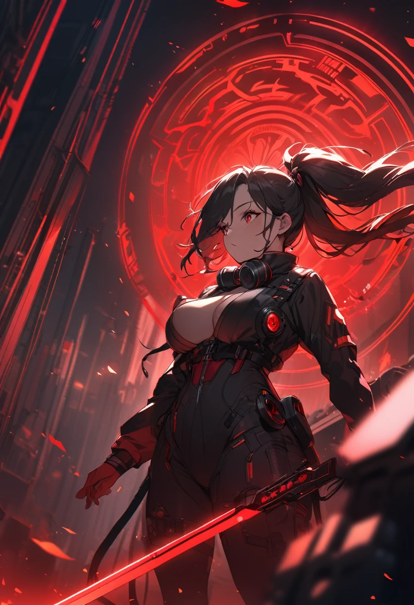 A woman,matured, perfect anatomy, cyberpunk gas mask,long pony tail hair(black hair),red aura,red magic circle,long demon blade with eyes on it, cinematic lighting, cinematic angle,