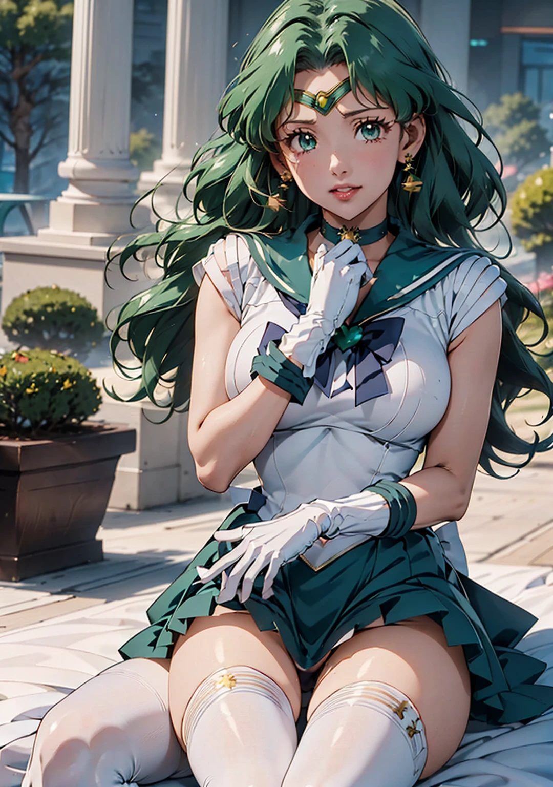 (La Highest quality,High resolution,Very detailed,Actual),Ariana Grande,One Girl, Sailor Neptune, (Sailor Warrior Uniforms:1.4), Dark green hair, Medium Hair, Supplicant Skirt, Earrings, (白いElbow hand pockets:1.4), gem, Center of chest, Dynamic Background, Dynamic posture, High heels,More detailed 8K.Unreal Engine:1.4,超High resolution,La Highest quality:1.4, Realistic:1.4, Skin Texture:1.4, masterpiece:1.8,masterpiece, Highest quality,Object Object], (Detailed facial features:1.3),(Great hands),,(White knee-high boots: 1.4), choker, (White gloves:1.4), choker verde, Elbow hand pockets, gem, Earrings, Green Skirt, Green Hair,(Sailor Neptune:1.4),(Half Body:1.4) ,(Hand Detail:1.4 ), ,( Cyberpunk 2.1),( Beautiful green eyes ), ((Spread your legs:1.5)), ((Spreading pussy:1.5)), From the knee up, Sitting, Raise your knees, Raise your arms above your head, lying on bed