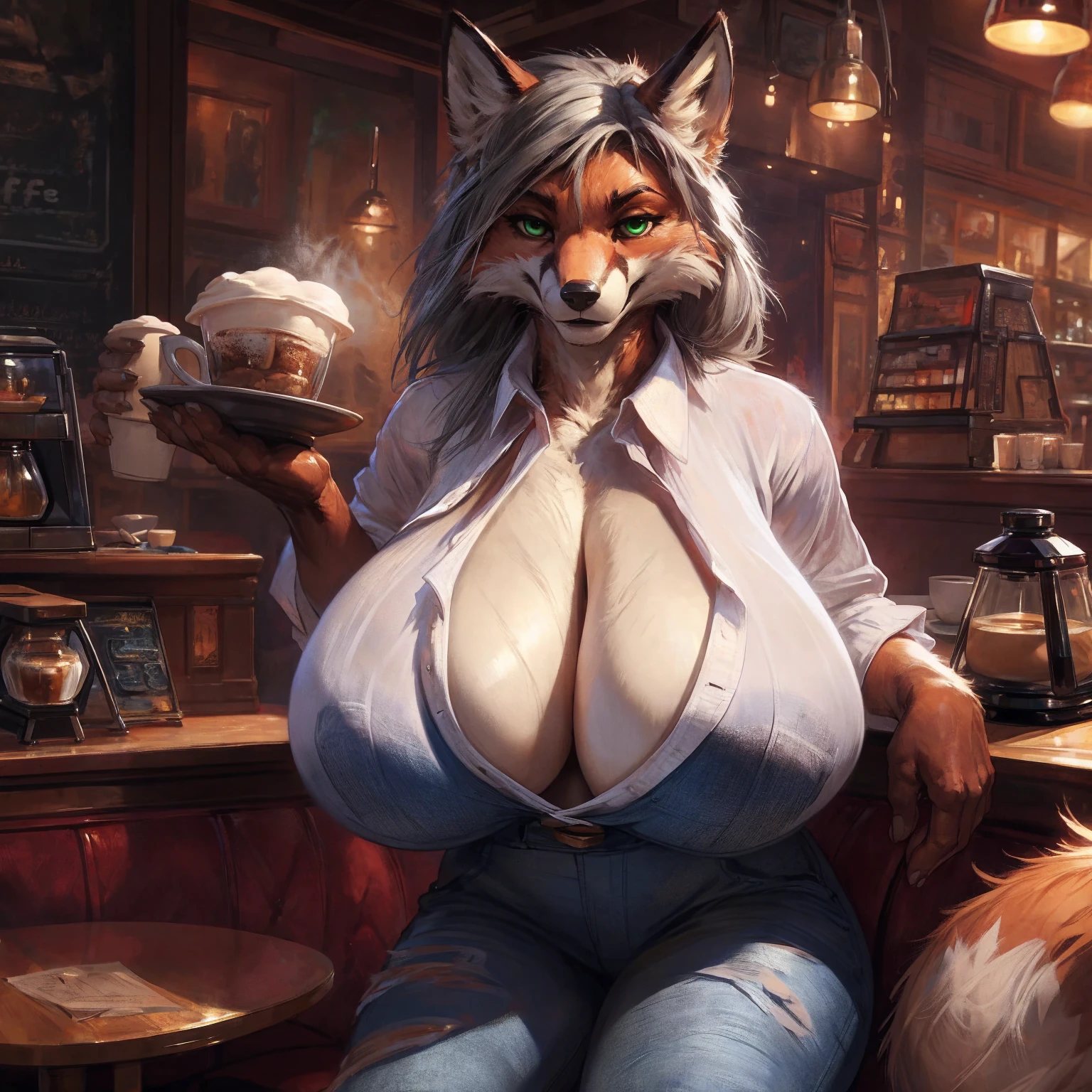  high resolution, (masterpiece: 1.4), (60 years old fox woman),gilf, gray hair, green eyes, high detail eyes,(white blouse and jeans:1.2), cleavage, (cafe:1.2),detailed backround, huge breasts, sagging breasts, (nipple outline:0.75), full body, by darkgem, 