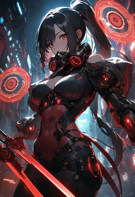 a woman,matured, perfect anatomy, cyberpunk gas mask,long pony tail hair(black hair),red aura,red magic circle,long demon blade ...