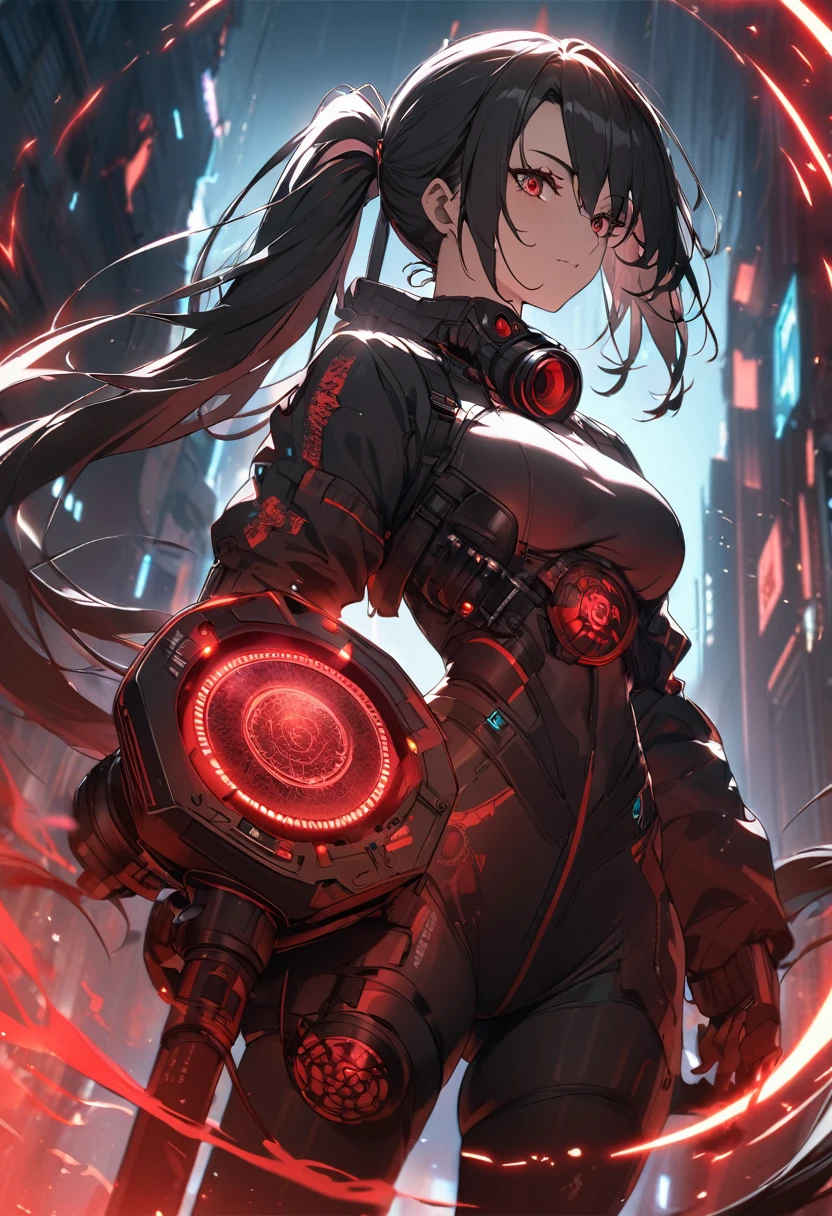 A woman,matured, perfect anatomy, cyberpunk gas mask,long pony tail hair(black hair),red aura,red magic circle,long demon blade with eyes on it, cinematic lighting, cinematic angle,