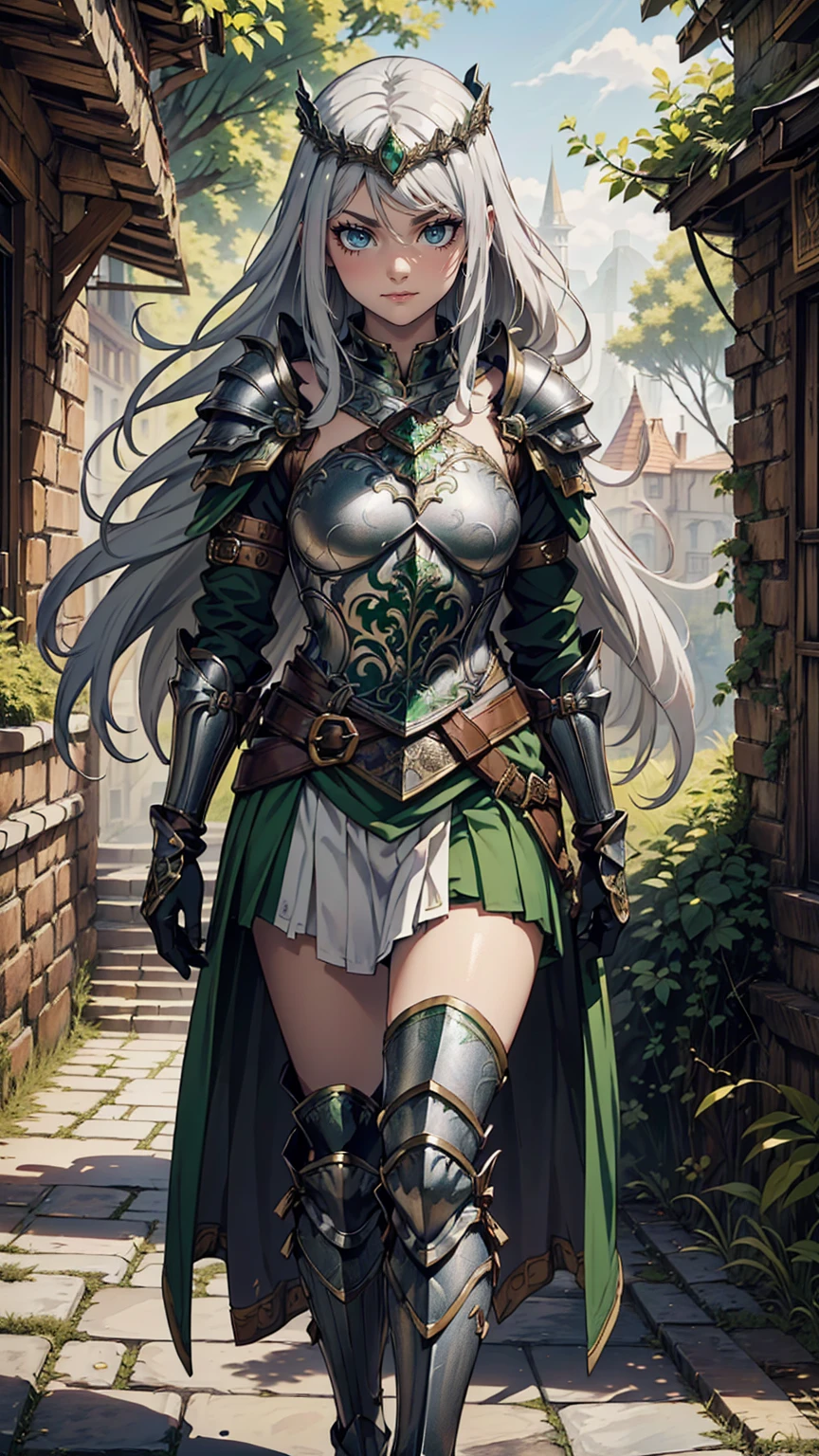 最high quality、Ultra High Definition, Ultra High Quality, Hyper Definition, Hyper Quality, Hyper Detailed, Extremely Detailed, Perfectly Detailed, Best image quality、masterpiece、anime woman((20-year-old、super dynamic pose , Green solid eyes, Silver long Hair, Disheveled Hair、Long White Hair,  Glove、Green Skirt, Fantasy nature type Armor, Smirk, cheerful expression, charismatic, Detailed Cuirass , Dressed in Full Coverage Fantasy Plate Armor, leg armor, wearing diadem)),high quality、Beautiful art、background((Inside the mansion))、Written boundary depth、  movie、Visual Arts、Perfect art、8K,Genuine、