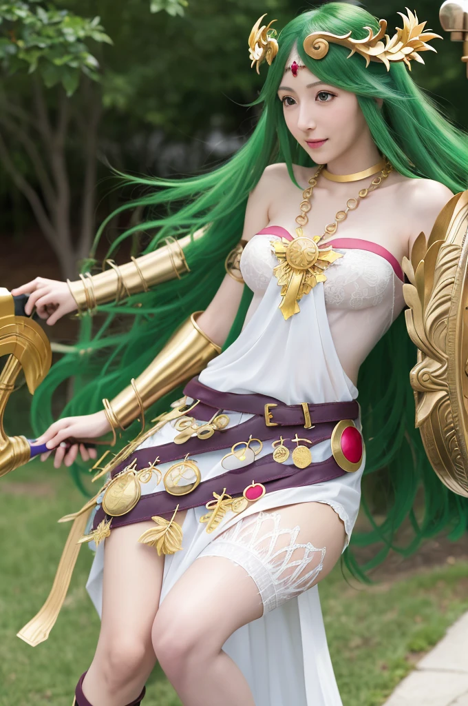 Erotic、Palutena Palutena / Hikari Shinwa Palutena no Kagami (Kid Icarus)masterpiece, Highest quality, High resolution, hmpa1, pink, Parted bangs, tiara, Big Tits, necklace, Exposing shoulders, Strapless Dress, Arm guard, belt, White Dress, White knee socks, Single knee socks, Outdoor, holding staff, staff, Hold a shield,Erotic、Alluring