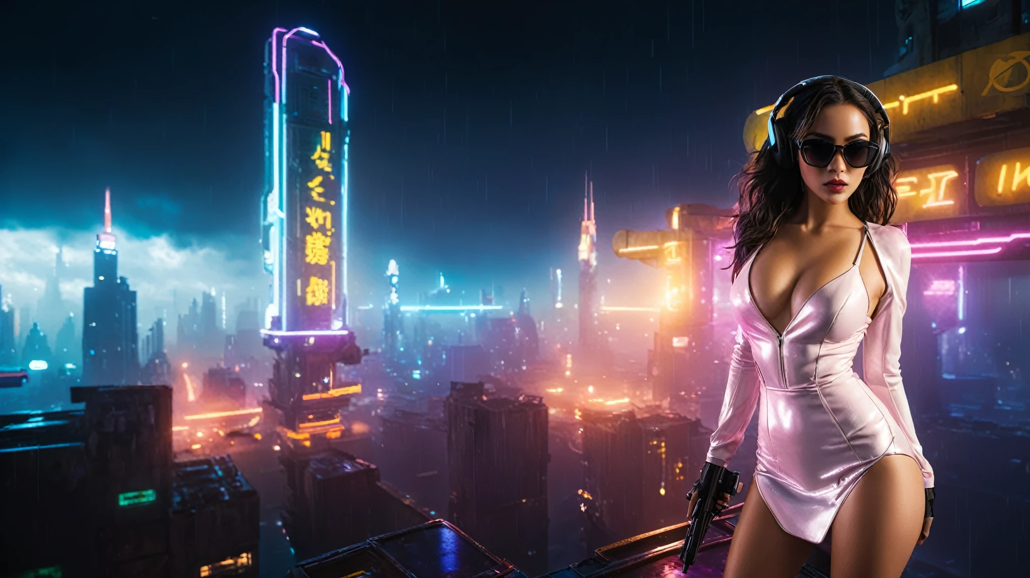 (aerial view, a flying cars docking platform, a very dark abandoned futuristic city, neon lights), rainy night. 1girl, solo, alone, large-breast:1.2 slim body, cleavage:1.1, sexy wind blowing wet dress:1.4, (headphone, black sunglasses), (((((she raised:1.8 a pistol:1.8 and took aim at viewer))))), dynamic pose, (((half-body thigh level medium shot))), cinematic lighting, lens flare, ray tracing.