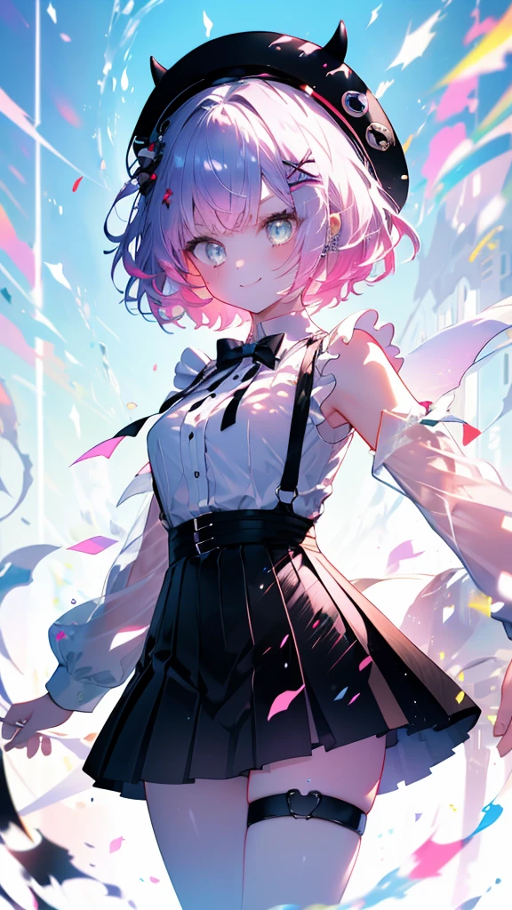 (Ultra-high resolution,masterpiece, Attention to detail, Highest quality), 8k,(bbtowa, short hair, black headwear, beret, fake horns, hair ornament, piercing, demon tail, black bowtie, white shirt, sleeveless, black skirt, suspender skirt, thigh strap),(Blessed,Captivating body、Ultra-detailed skin、Super beautiful eyes、Detailed Background),One girl、 (cheerful ,enjoy :1.5),