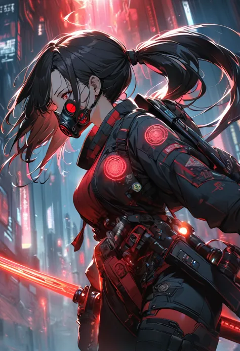 a woman,matured, perfect anatomy, cyberpunk gas mask,long pony tail hair(black hair),red aura,red magic circle,long samurai swor...