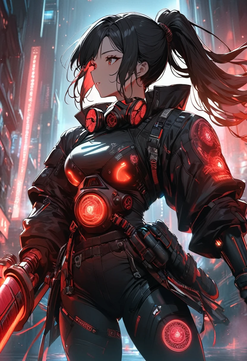 A woman,matured, perfect anatomy, cyberpunk gas mask,long pony tail hair(black hair),red aura,red magic circle,long samurai sword, cinematic lighting, cinematic angle,