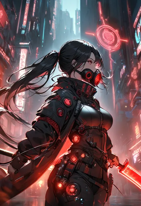 a woman,matured, perfect anatomy, cyberpunk gas mask,long pony tail hair(black hair),red aura,red magic circle,long samurai swor...