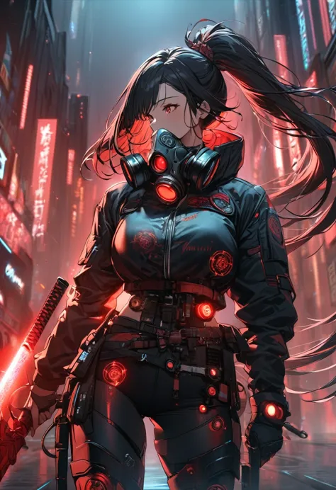 a woman,matured, perfect anatomy, cyberpunk gas mask,long pony tail hair(black hair),red aura,red magic circle,long samurai swor...