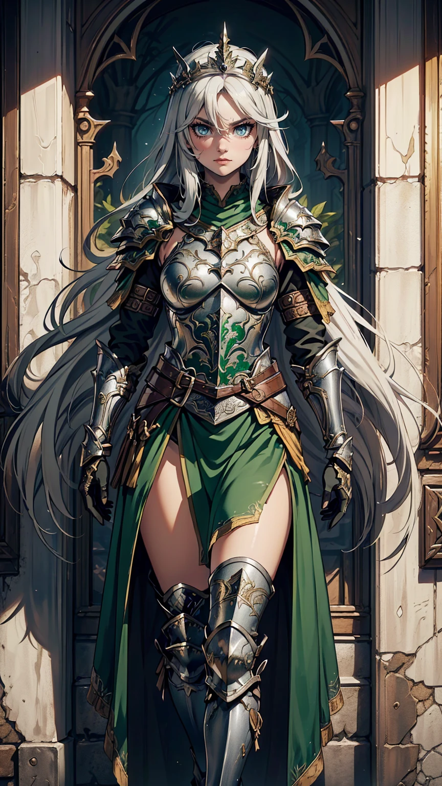 最high quality、Ultra High Definition, Ultra High Quality, Hyper Definition, Hyper Quality, Hyper Detailed, Extremely Detailed, Perfectly Detailed, Best image quality、masterpiece、anime woman((20-year-old、super dynamic pose , Green solid eyes, Silver long Hair, Disheveled Hair、Long White Hair,  Glove、Green Skirt, Fantasy nature type Armor, Smirk, cheerful expression, charismatic, Detailed Cuirass , Dressed in Full Coverage Fantasy Plate Armor, leg armor, wearing diadem)),high quality、Beautiful art、background((Inside the mansion))、Written boundary depth、  movie、Visual Arts、Perfect art、8K,Genuine、