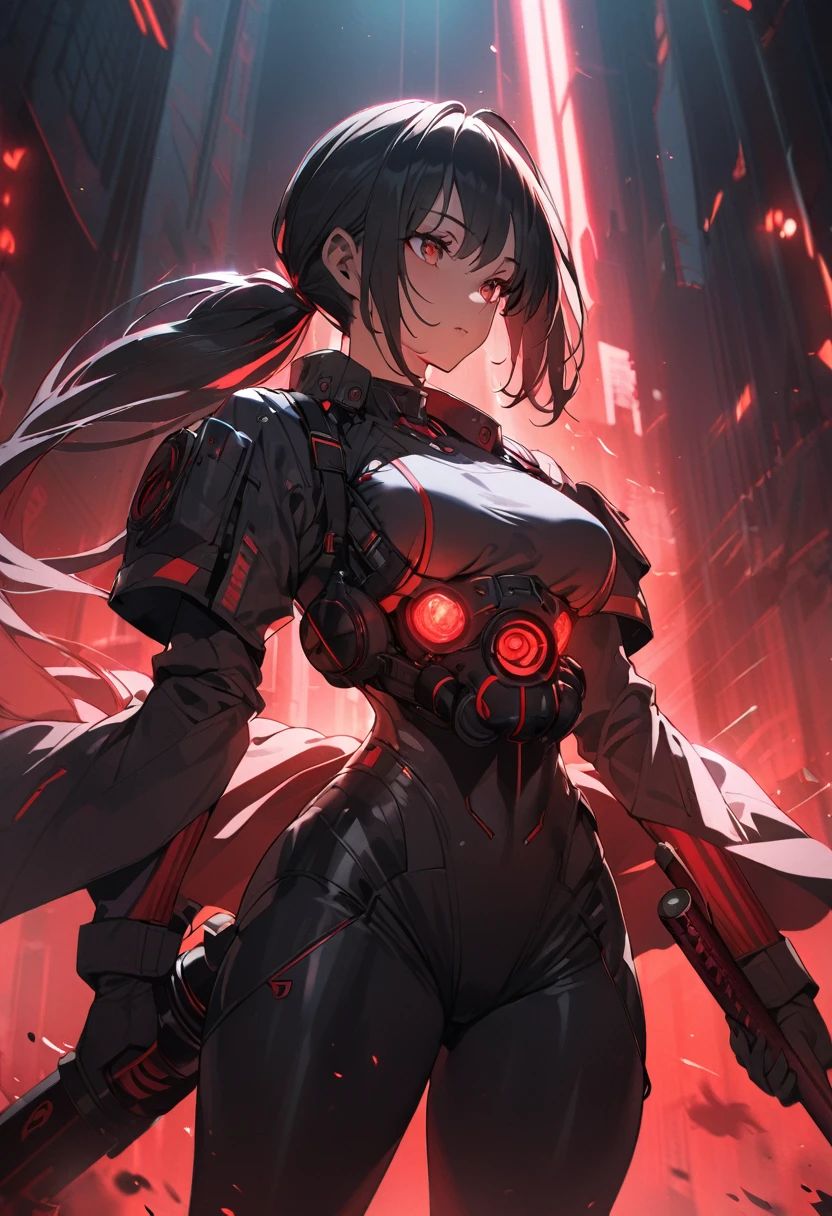 A woman,matured, perfect anatomy, cyberpunk gas mask,long pony tail hair(black hair),red aura,red magic circle,long samurai sword, cinematic lighting, cinematic angle,